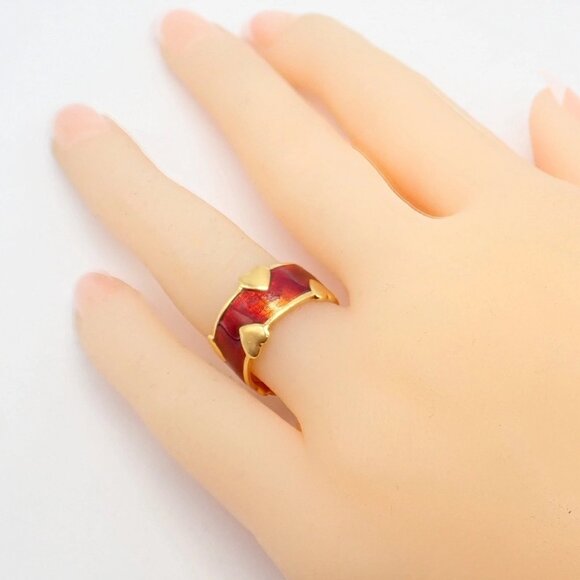 Tiffany & Co Schlumberger 18k Yellow Gold Red Enamel Heart Band Ring sz 6 - Picture 5 of 12